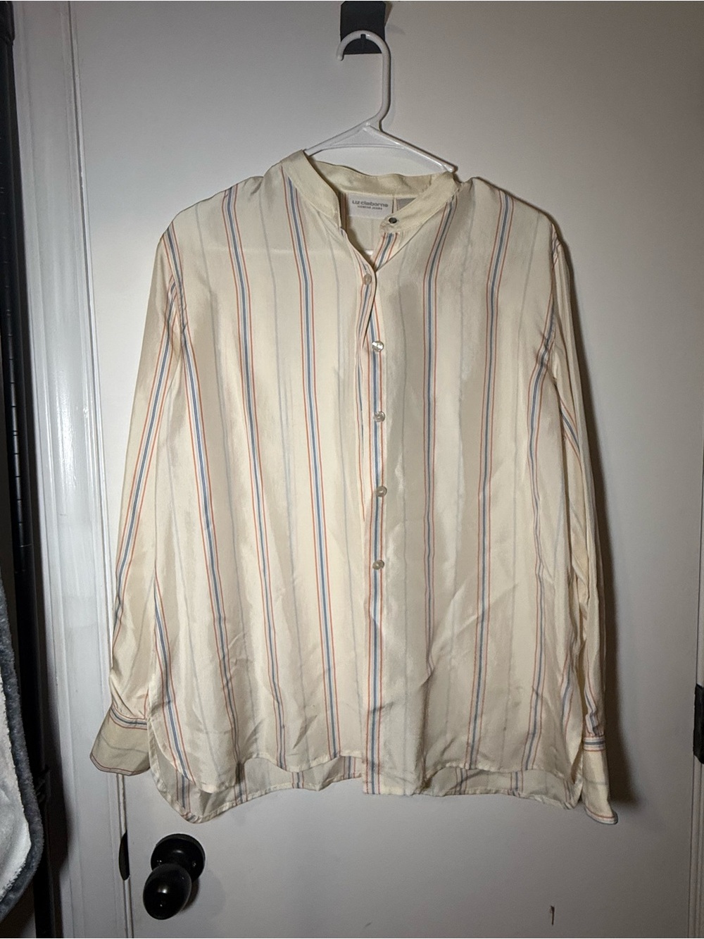 Liz Claiborne Cream Striped Band-Collar Shirt